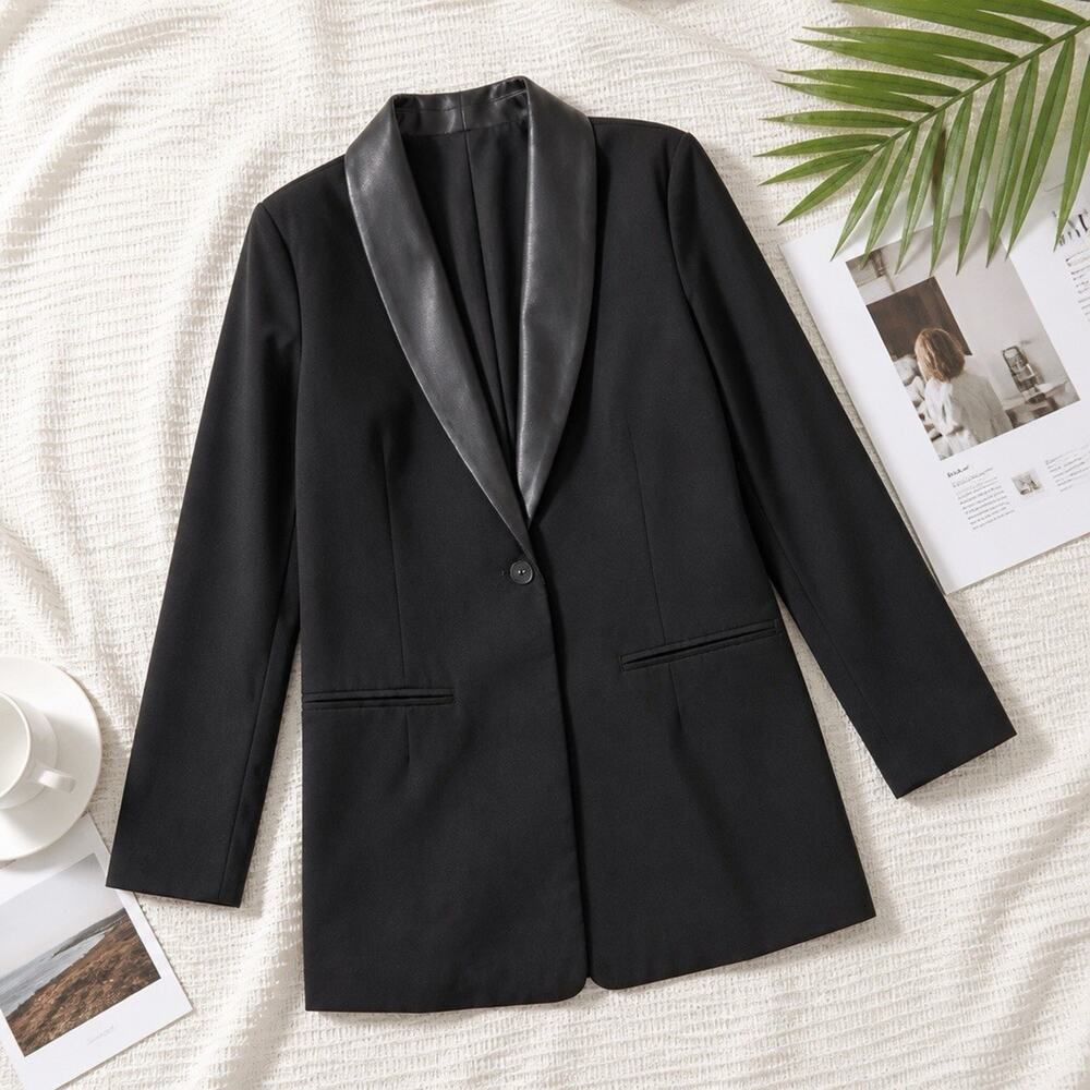 All Worthy Hunter McGrady Black Blazer w/ Faux Leather Collar Top Size 8 NWOT